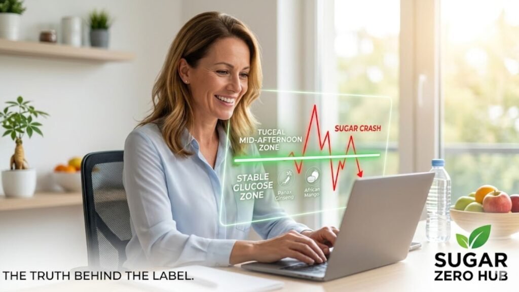 Smiling woman working at laptop maintaining stable blood sugar to avoid mid-afternoon energy crashes