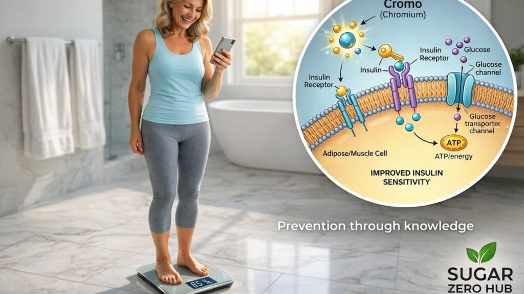 Smiling woman on a scale showing weight loss and a diagram explaining how chromium improves insulin sensitivity