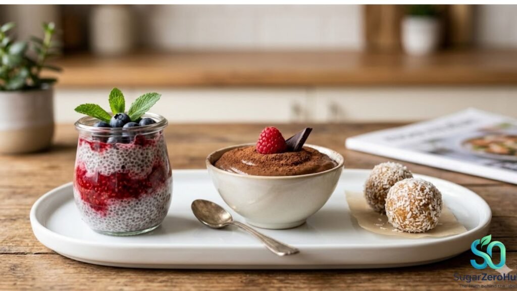 Guilt-free sugarless desserts including chia pudding and chocolate mousse for healthy blood sugar