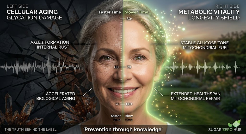 Split face comparison showing how sugar glycation accelerates biological aging versus stable glucose for longevity