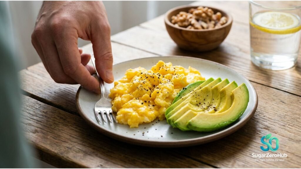 Why Your ‘Healthy’ Breakfast Is Making You Gain Weight (The Insulin Secret) A high-end editorial photograph of a healthy low-carb breakfast on a wooden table, featuring scrambled eggs, sliced avocado, raw walnuts, and a human hand holding a fork, representing an insulin-friendly meal plan.
