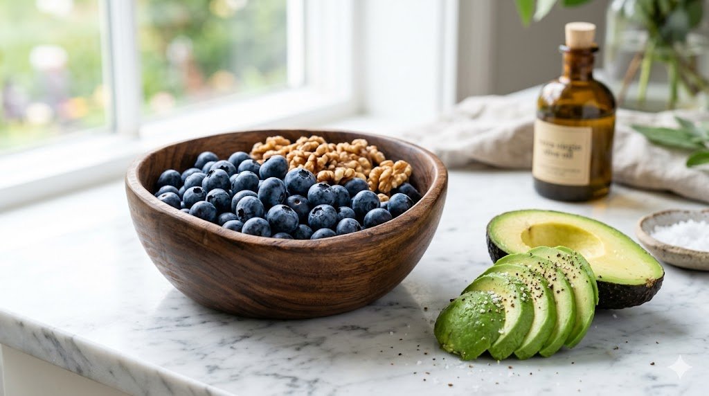 5 Sugar-Free Foods to Clear Brain Fog & Boost Memory Fresh blueberries, raw walnuts, and sliced avocado representing sugar-free foods to clear brain fog and boost memory