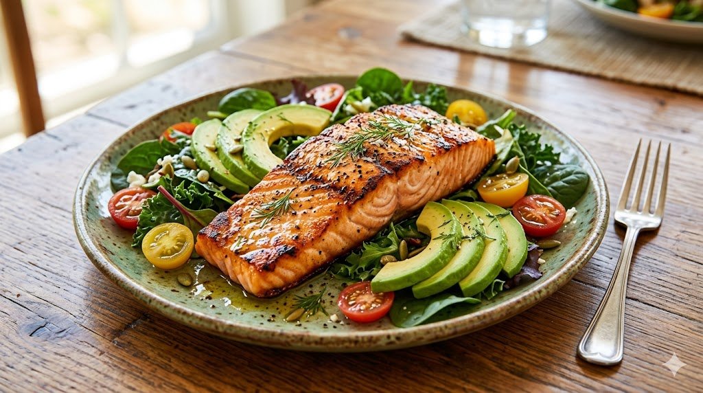 A satisfying, high-protein meal of grilled salmon and avocado salad, demonstrating how to eat more to lose weight.