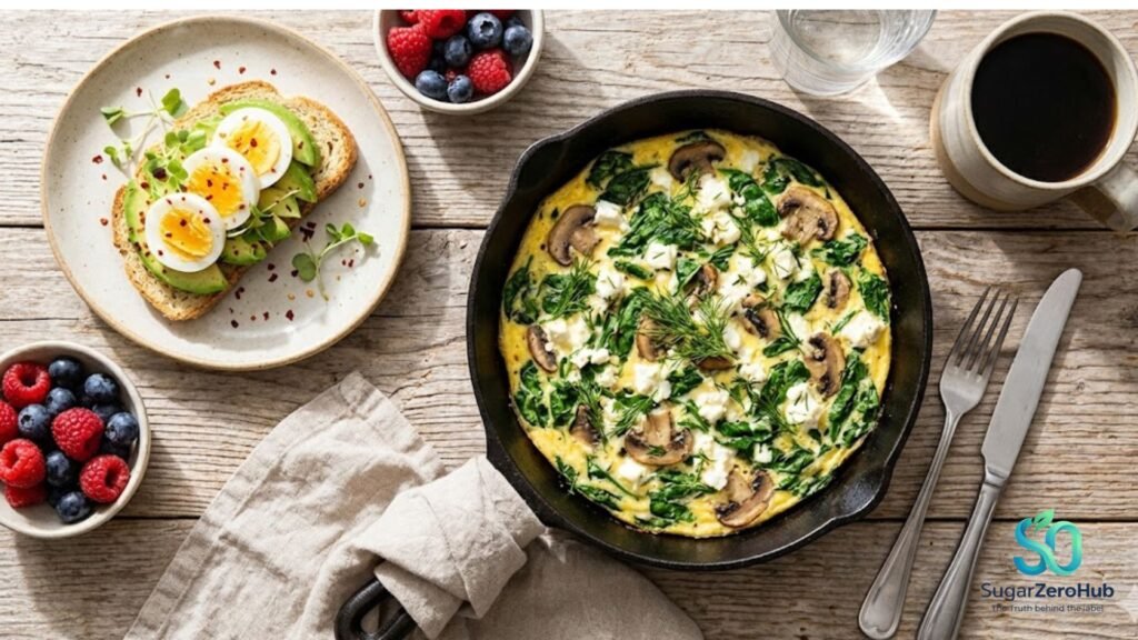 Healthy sugar-free breakfast with eggs and avocado for blood sugar control