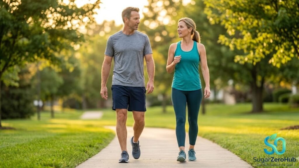 A healthy man taking a brisk 10-minute walk in a sunny neighborhood after a meal to lower blood sugar and improve insulin.
