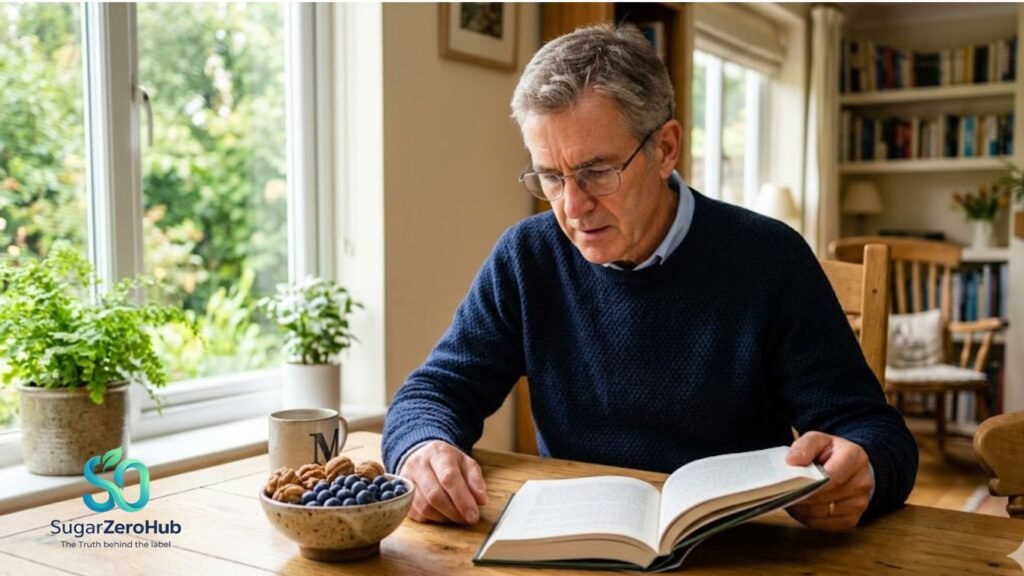 Is Alzheimer’s Actually Type 3 Diabetes? The Scary Link Between Sugar and Dementia A focused older man reading a book at a table with a bowl of blueberries and walnuts for brain health.