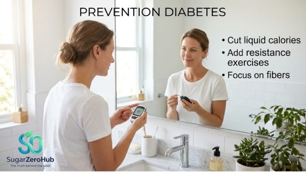 A woman looking in a bright bathroom mirror checking her neck, representing awareness of physical signs of insulin resistance.
