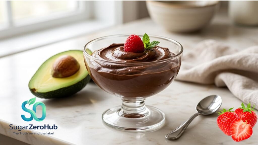 A rich and creamy sugar-free chocolate mousse in a glass bowl, made with hidden avocado for healthy fats.
