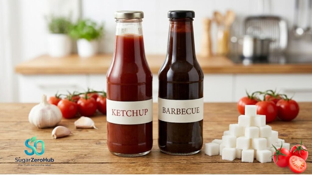 Generic condiment bottles like ketchup and barbecue sauce next to a pile of sugar cubes representing hidden sugars.