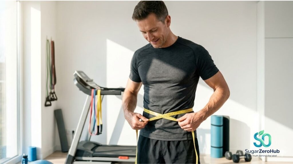 The "Beer Belly" Myth: Why Your Gut is Actually a Sugar Belly (And How to Shrink It) A fit man in his 40s measuring his waist with a tape measure, showing successful reduction of visceral belly fat.