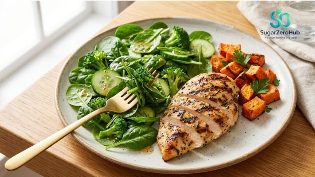 A balanced plate showing food sequencing: eating a green salad first, followed by grilled chicken, and sweet potatoes last for blood sugar control.