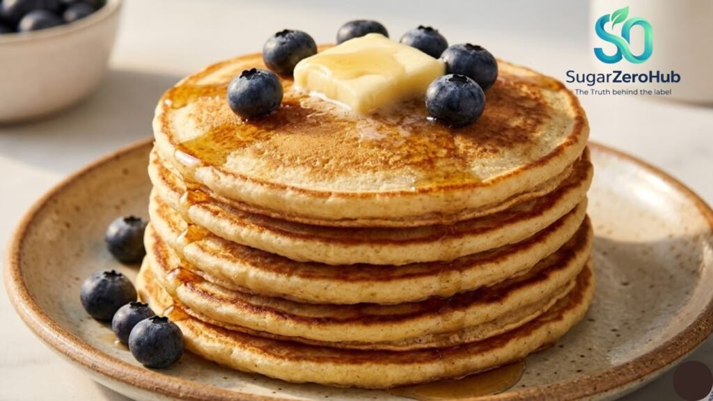 Stack of fluffy almond flour pancakes topped with berries, a healthy zero sugar breakfast.