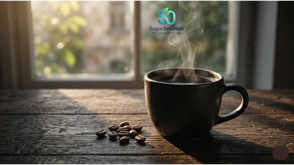A steaming cup of black coffee on a wooden table, illustrating the link between caffeine and blood sugar.