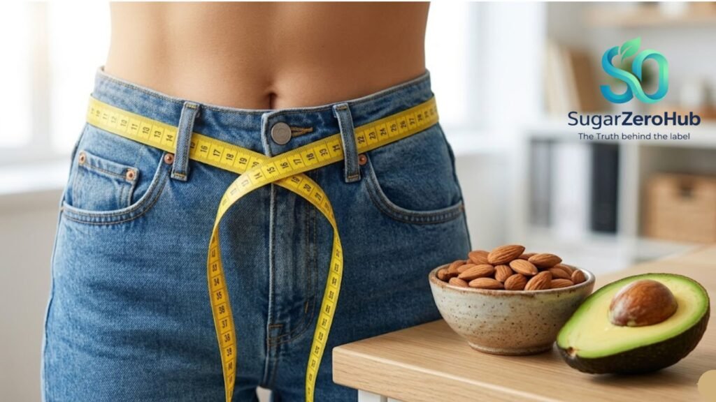 A measuring tape around a healthy waist, illustrating the concept of unlocking stored fat by lowering insulin.