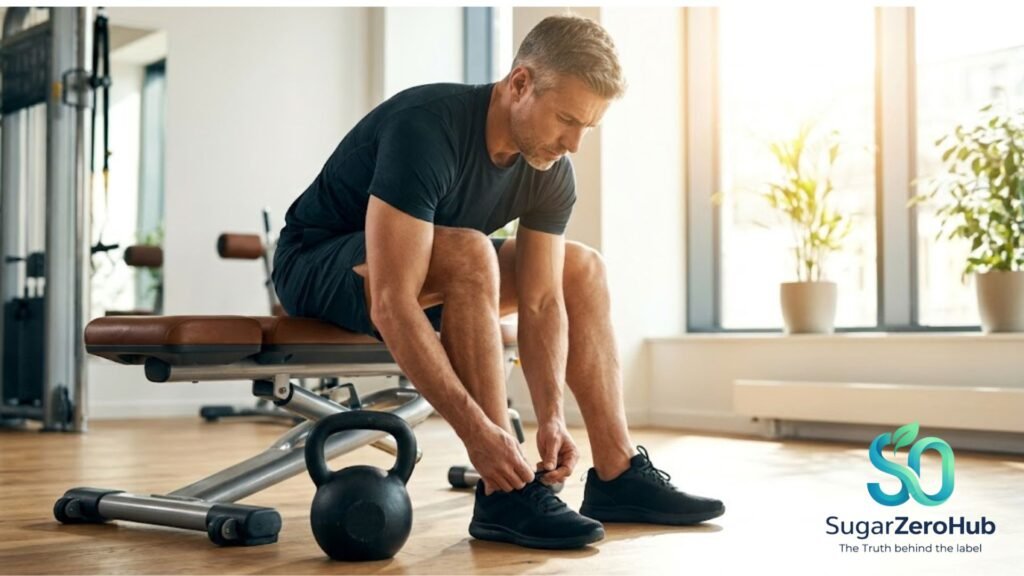 How High Insulin is Crushing Your Testosterone A healthy, energetic man tying his gym shoes, representing naturally boosted testosterone through insulin control.