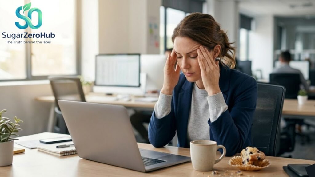 The Real Reason for Your Afternoon Brain Fog A professional woman experiencing afternoon brain fog at her desk, illustrating a blood sugar crash.