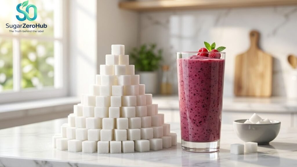 A glass of blended fruit smoothie next to a pile of sugar cubes, illustrating hidden liquid sugar.