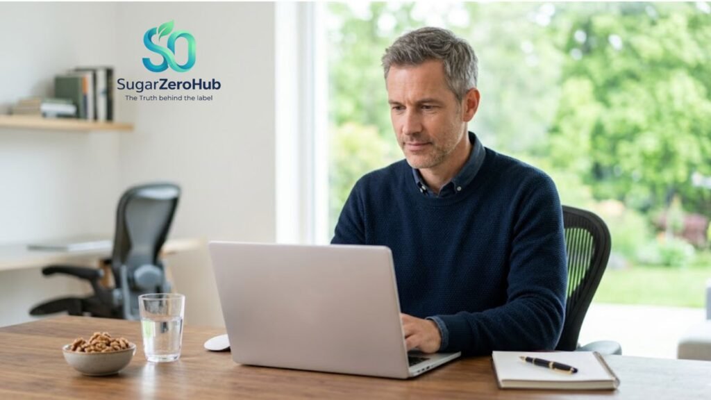 A focused professional working in a bright office, representing mental clarity and brain health through blood sugar control.