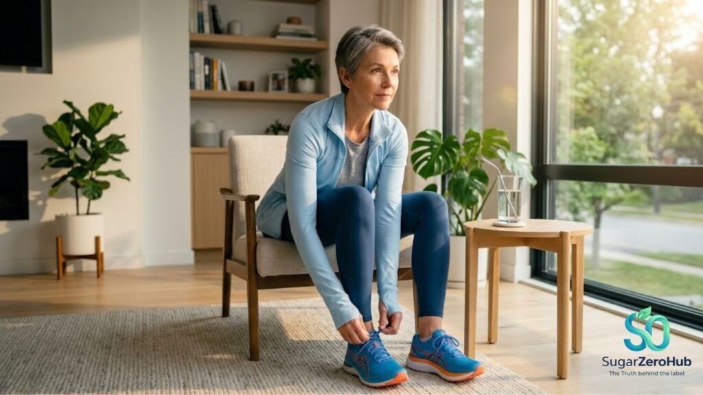An active adult tying their shoes for a morning walk, representing proactive diabetes prevention and reversing prediabetes naturally.