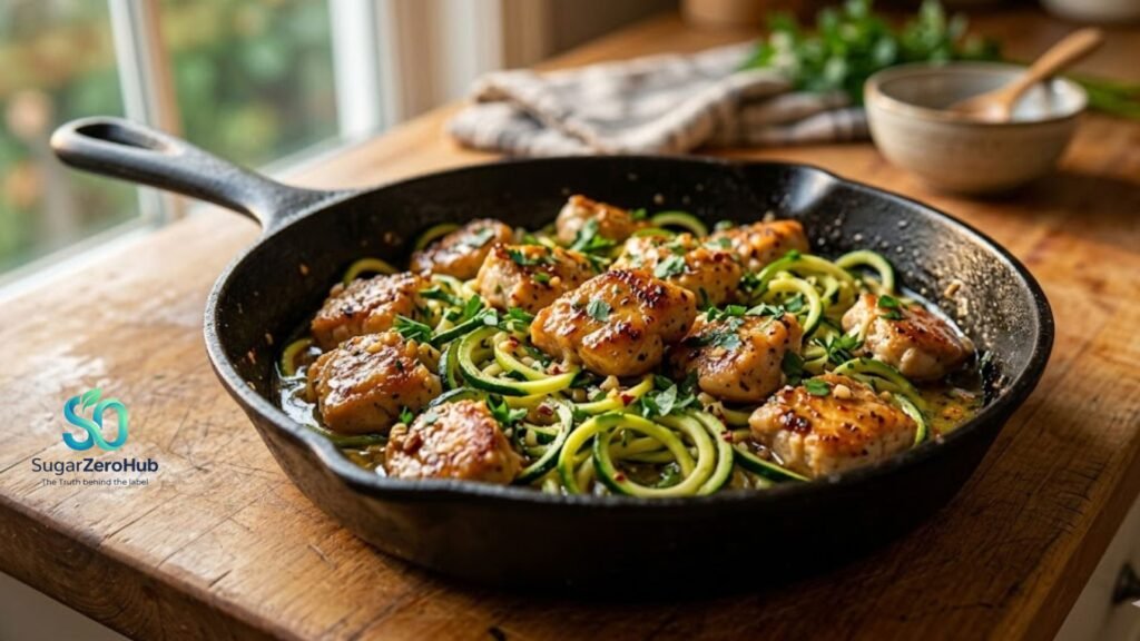 A cast-iron skillet with garlic butter chicken and zucchini noodles, representing a healthy, low-carb dinner for blood sugar control.