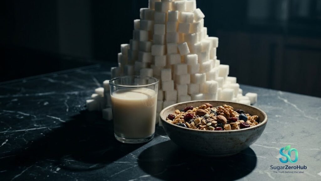 A glass of oat milk and a bowl of granola casting a shadow of sugar cubes, representing the hidden sugars in healthy foods.