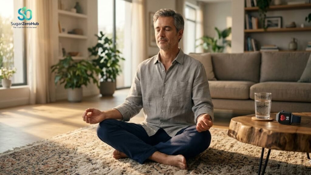 A calm person meditating in a sunlit room, representing stress relief to lower cortisol and blood sugar naturally.