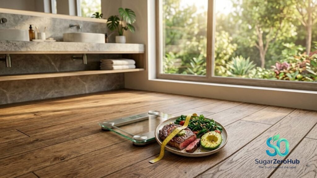 A bathroom scale next to a healthy meal of steak and avocado, representing weight loss through blood sugar control and lowering insulin.