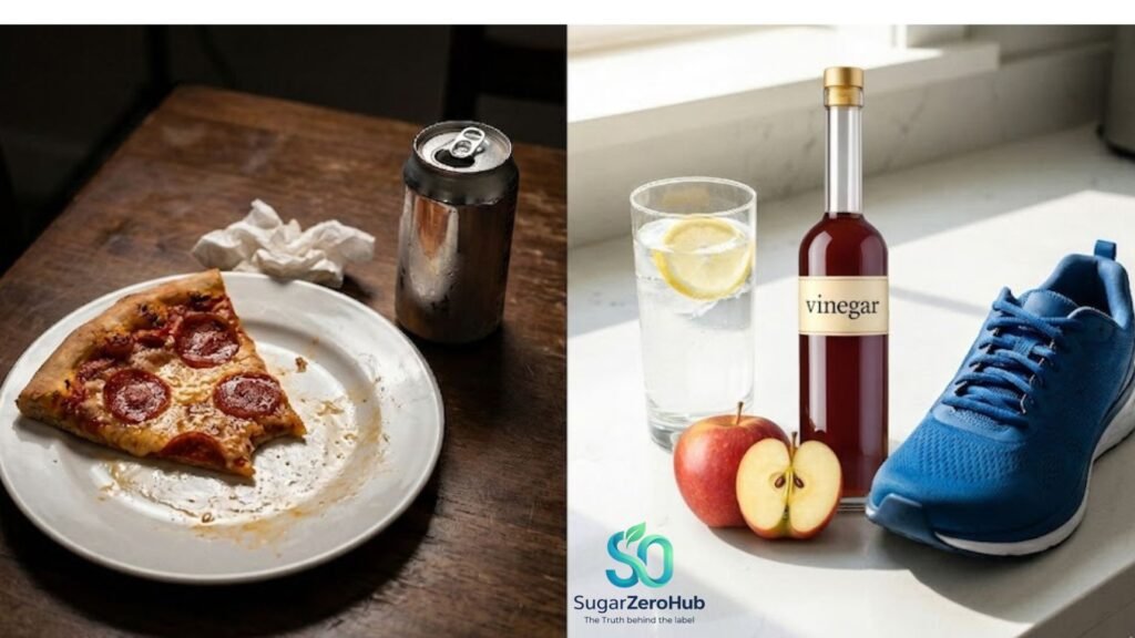A glass of apple cider vinegar water and running shoes, representing quick ways to lower blood sugar after a carb binge.