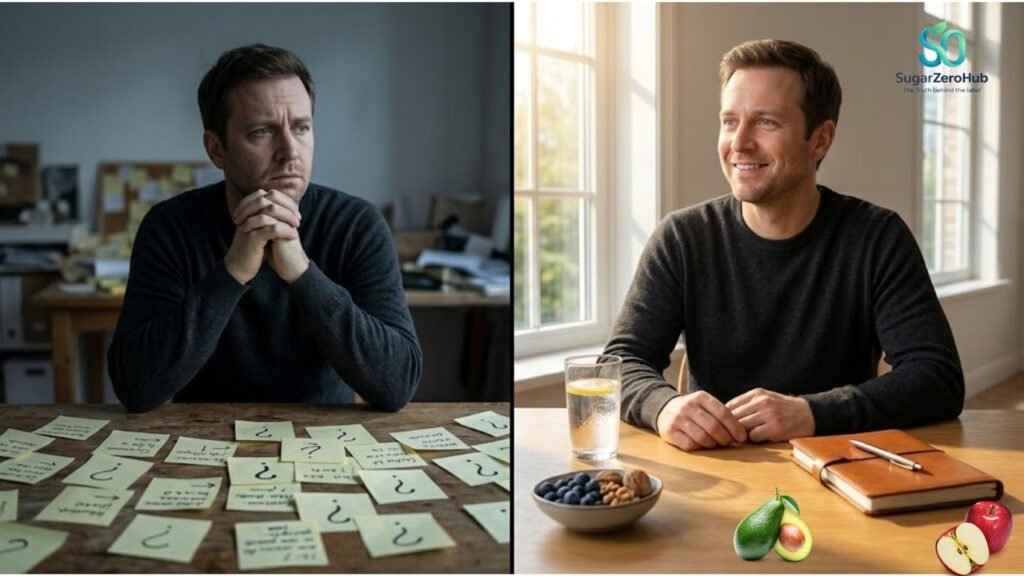 A split screen showing chaotic sticky notes representing memory loss versus healthy brain food and an organized journal representing clarity and Alzheimer's prevention.