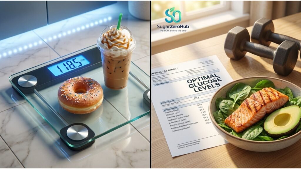 A split screen contrasting a bathroom scale with a donut against a healthy blood test and dumbbells, representing the skinny fat danger and diabetes.