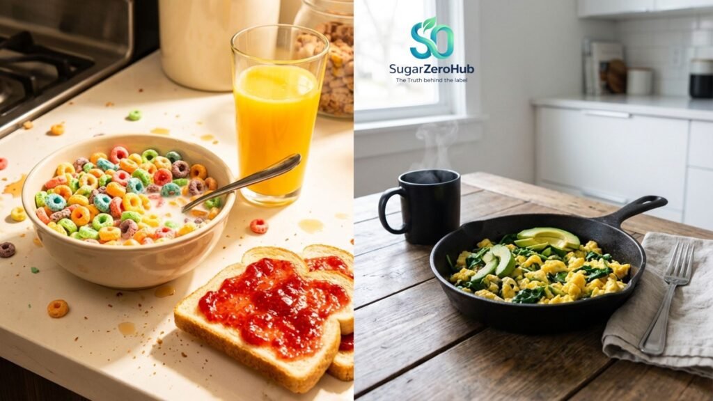 A split screen contrasting a sugary cereal and orange juice breakfast with a healthy savory egg and avocado skillet, representing blood sugar control.