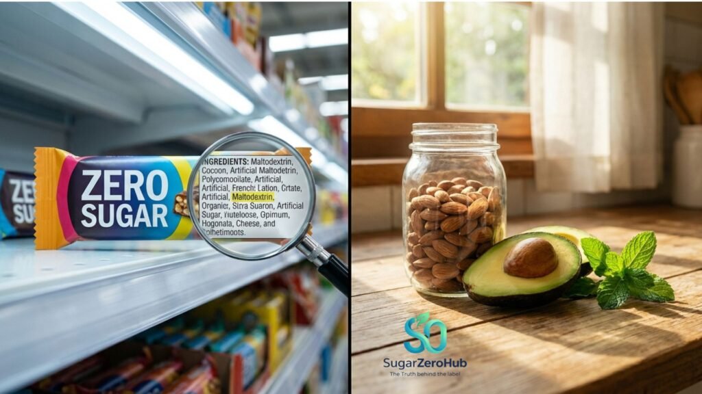 A split screen contrasting a deceptive sugar-free processed snack bar with real, whole foods like almonds and avocado.