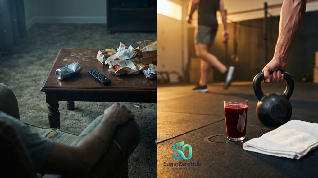 A split screen contrasting empty energy drinks and fast food with a kettlebell and beet juice, representing the link between blood sugar and male physical stamina.