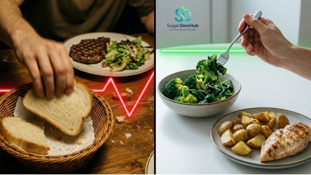 A sharp vertical line divides this cinematic photorealistic horizontal photograph. Left half: A chaotic dining setting. A person's hand is aggressively grabbing a thick slice of white bread from a basket, while a steak and salad sit untouched in the background. A glowing, sharp red jagged line (representing a blood sugar spike) overlays the scene. The lighting is slightly tense and unhealthy. Right half: A calm, strategic dining setting. A fork is elegantly picking up fresh, vibrant green broccoli and leafy greens first, leaving the roasted potatoes and chicken for later. A smooth, flat green line (representing stable blood sugar) overlays the scene. The lighting is bright, natural, and healthy. High definition, rich textures, shot on a 35mm lens. Cinematic color grading. No text. 16:9 aspect ratio.