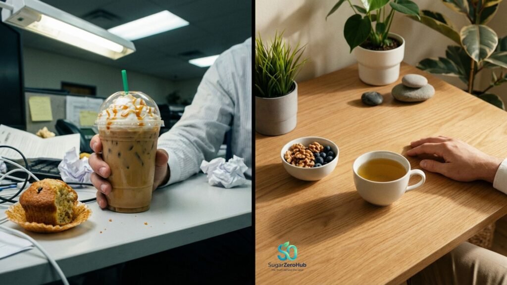 A split screen contrasting a jittery person with sugary coffee and a calm person with herbal tea, representing the sugar and anxiety connection.