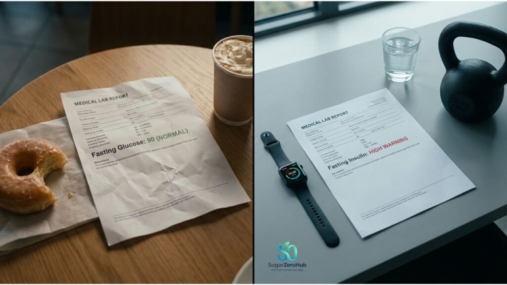 A split screen contrasting a normal glucose test with junk food against a high insulin test with healthy habits, representing the fasting glucose myth.