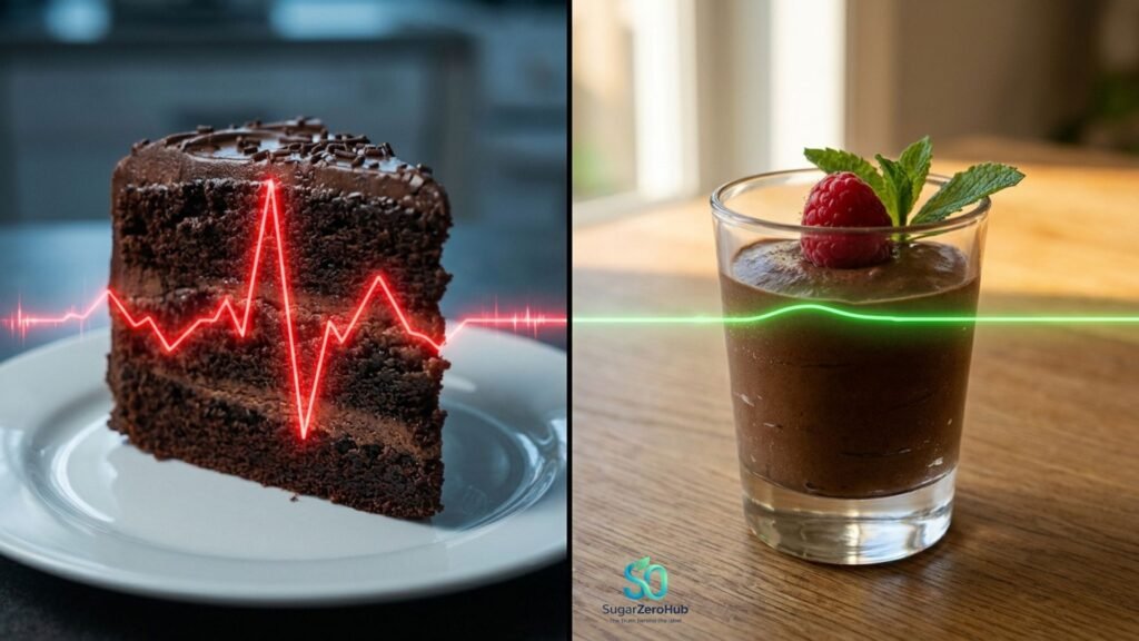 A split screen contrasting a sugary chocolate cake causing a glucose spike with a healthy avocado chocolate mousse for stable blood sugar.