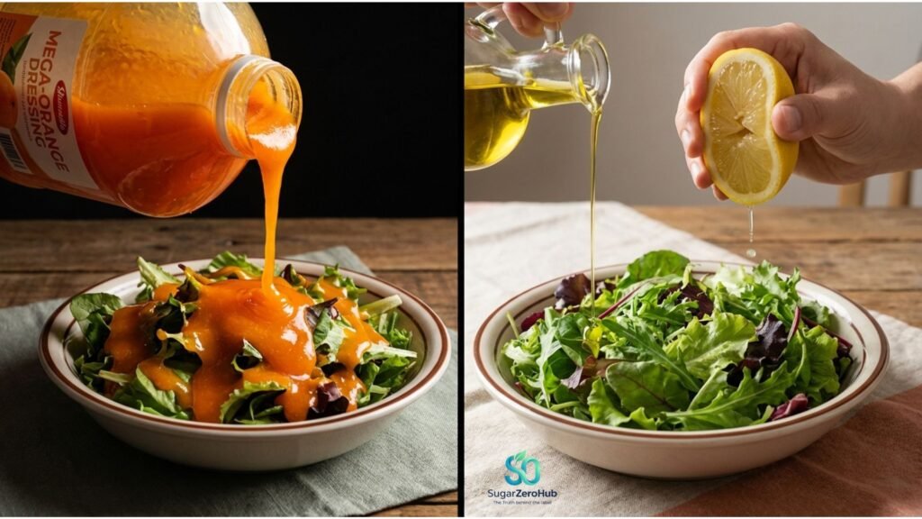 A split screen contrasting a salad drenched in sugary store-bought dressing versus a healthy salad with olive oil and lemon.