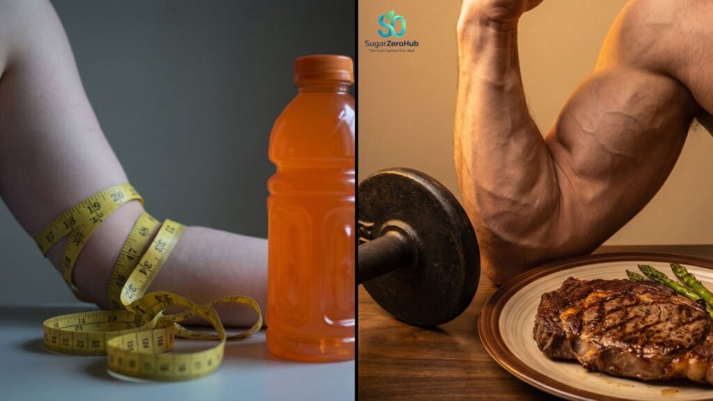 A split screen contrasting a soft arm with a sugary drink against a muscular arm with a dumbbell and steak, representing insulin resistance and muscle loss.