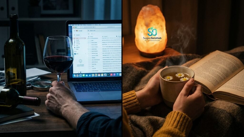 A split screen contrasting a stressful evening drinking wine to cope versus a relaxing evening with herbal tea and a book.