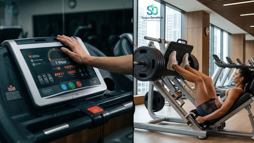 A split screen contrasting exhausting treadmill cardio against heavy kettlebell lifting, representing the best way to burn belly fat.