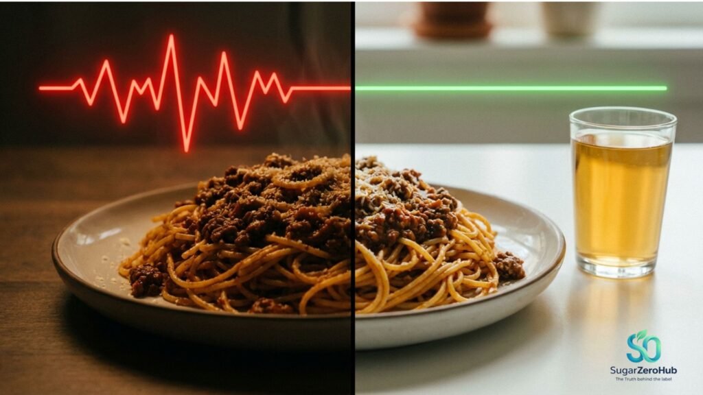 A split screen contrasting a heavy pasta meal causing a glucose spike versus the same meal protected by a glass of apple cider vinegar for stable blood sugar.