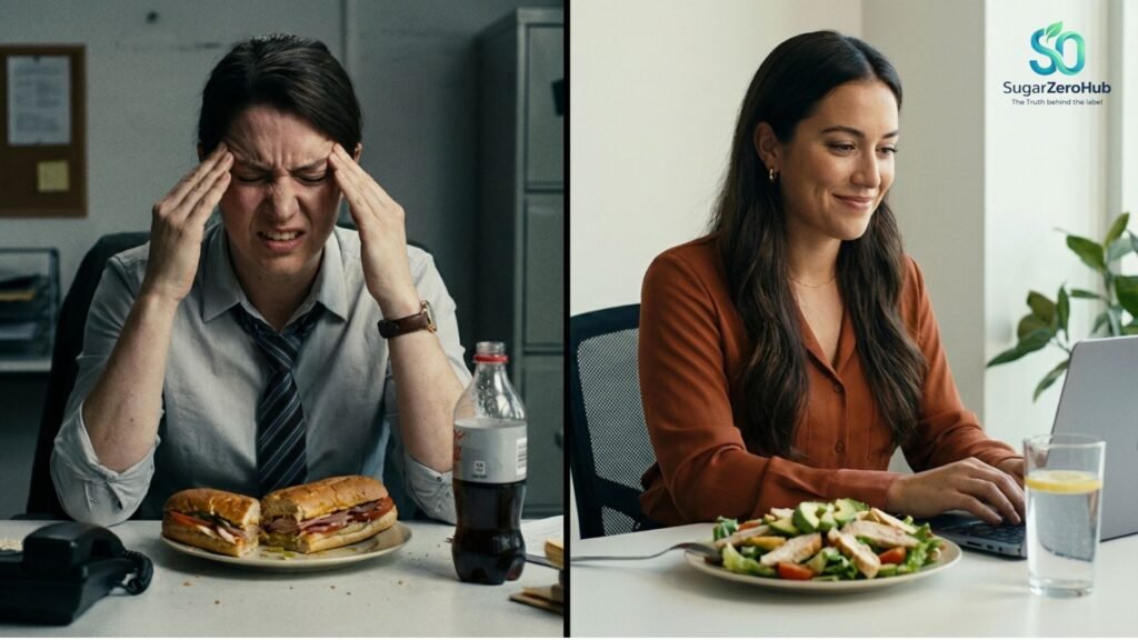 A split screen contrasting an office worker with a severe headache after a sugary lunch versus a focused worker with a healthy salad and clear mind.