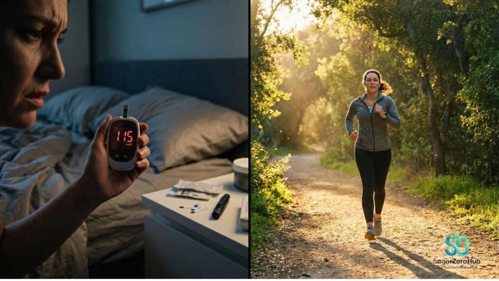A split screen contrasting a person frustrated by a high morning blood sugar reading versus a person taking an active morning walk for glucose control.