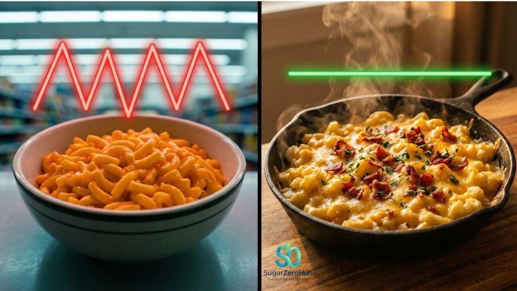 A split screen contrasting a bowl of traditional macaroni and cheese that spikes glucose against a healthy, delicious cauliflower mac and cheese that keeps blood sugar stable.