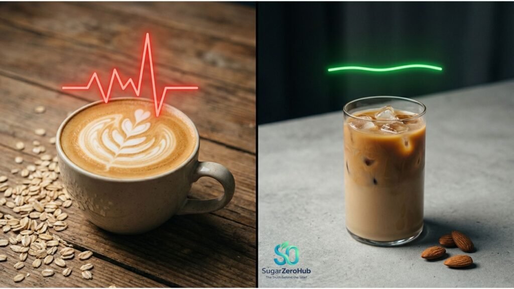 A split screen contrasting a trendy oat milk latte causing a massive glucose spike versus a healthy unsweetened almond milk coffee for stable blood sugar.