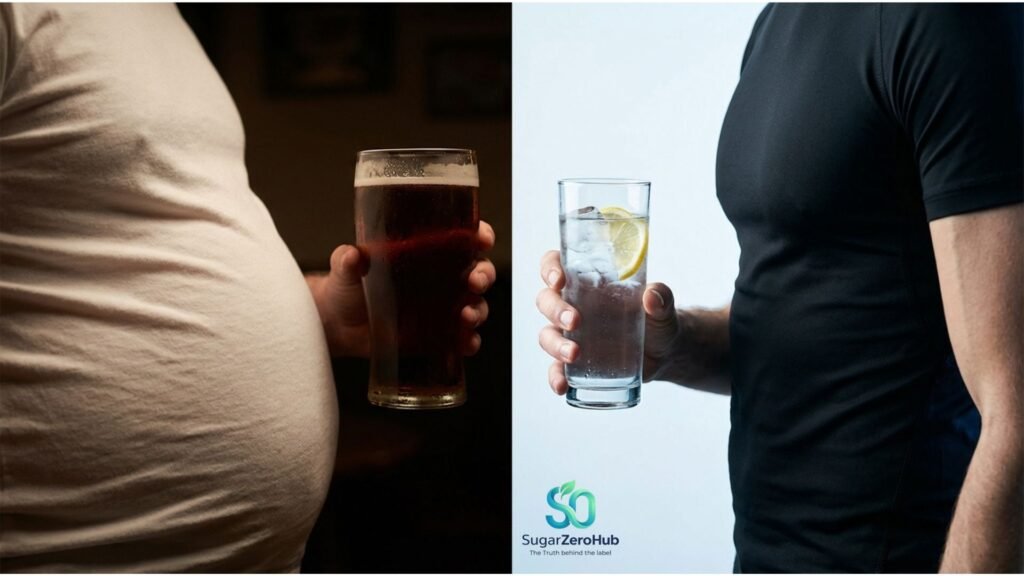 A split screen contrasting a dangerous hard visceral fat belly caused by beer against a lean, healthy flat stomach representing balanced hormones.