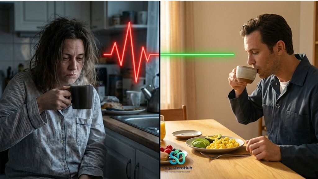 A split screen contrasting a stressed person drinking coffee on an empty stomach causing a glucose spike against a calm person drinking coffee after a healthy breakfast.