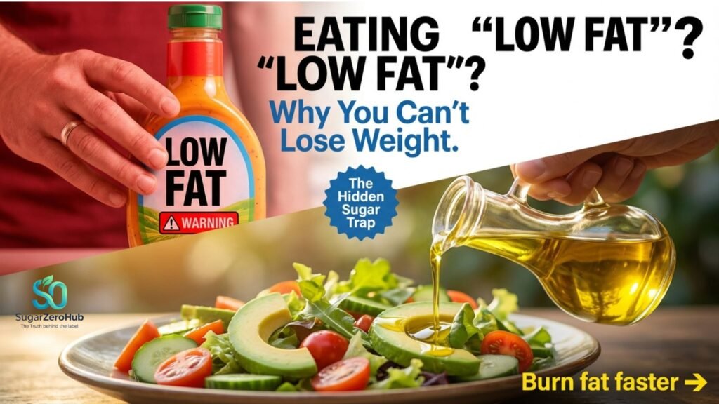 A split screen image contrasting a hand holding a commercial low-fat salad dressing with a warning label against a hand pouring healthy olive oil over a fresh avocado salad. Bold text overlay reads: EATING LOW FAT? Why You Can't Lose Weight. The Hidden Sugar Trap.