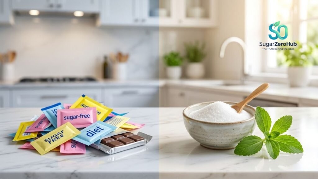 Contrasting colorful artificial sweetener packets and processed diet chocolate with pure granulated Erythritol and fresh stevia leaves to show hidden dangers of sugar substitutes